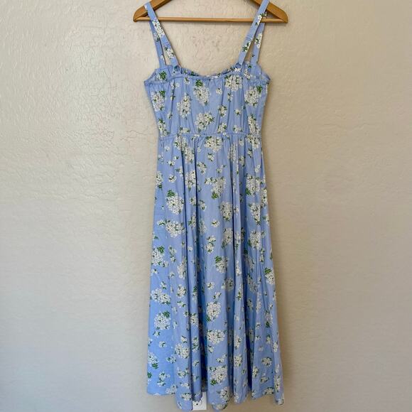Sim & Sam Floral Milkmaid Cotton Poplin Midi Dress Womens Size Medium Blue - Picture 3 of 7